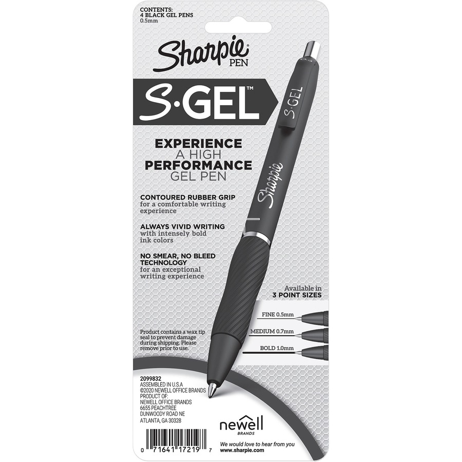 Sharpie S-Gel Pens - Fine Pen Point - 0.5 mm Pen Point Size - Black  Gel-based Ink - Black Barrel - 4 / Pack - R&A Office Supplies